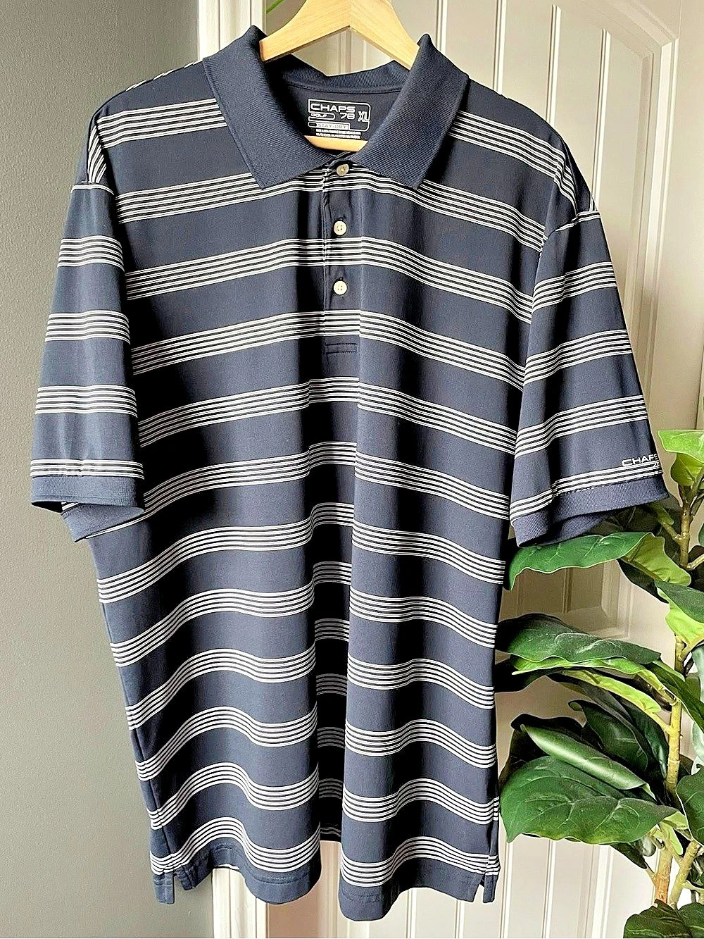 Chaps Stay-Dry polo shirt Men's Striped Polo Navy Blue & White XL